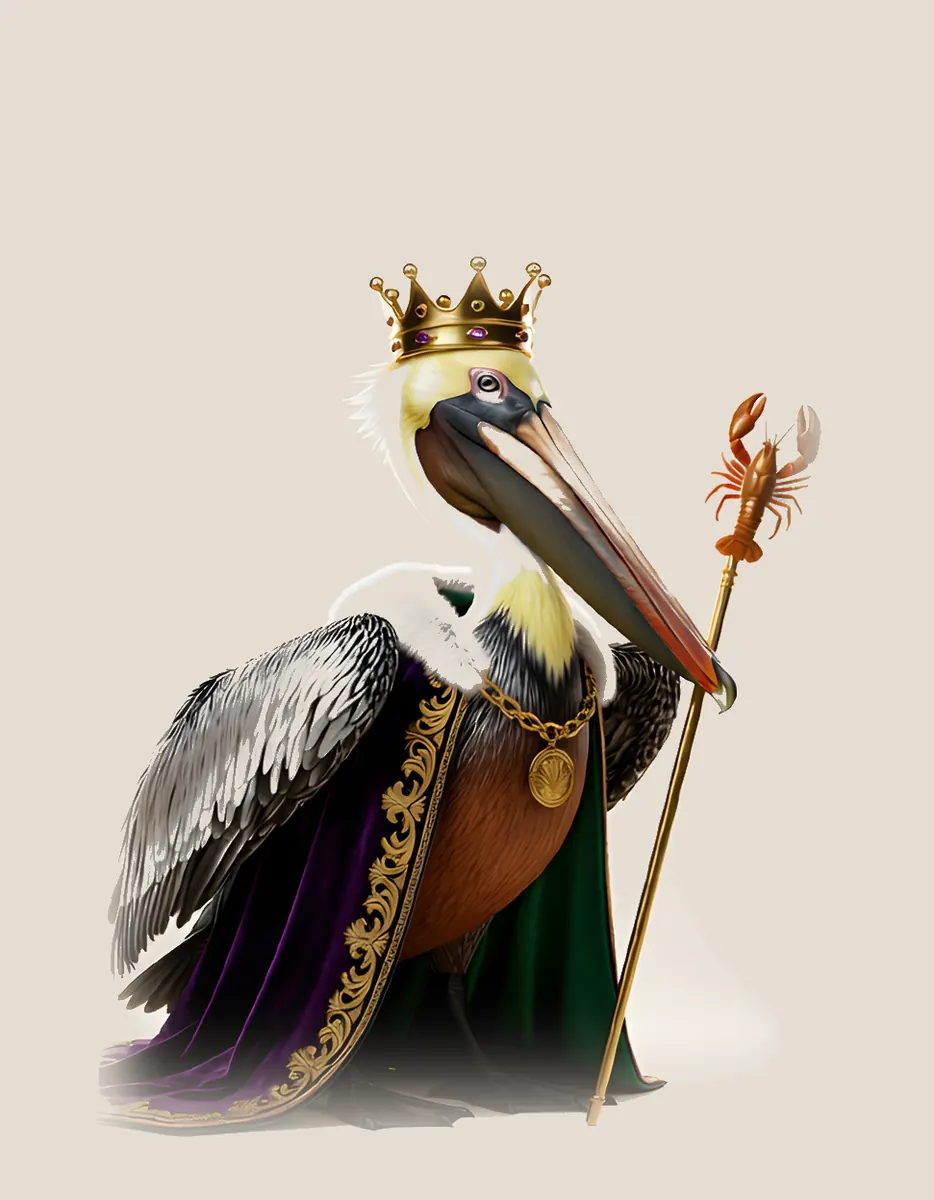 The PeliKing: a crowned brown pelican in a purple, green and gold royal mantle
